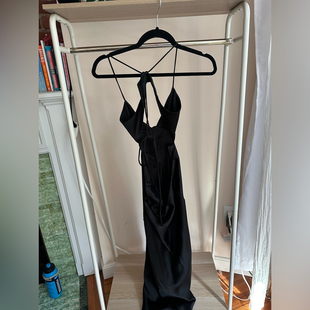 Black cutout satin dress tie back